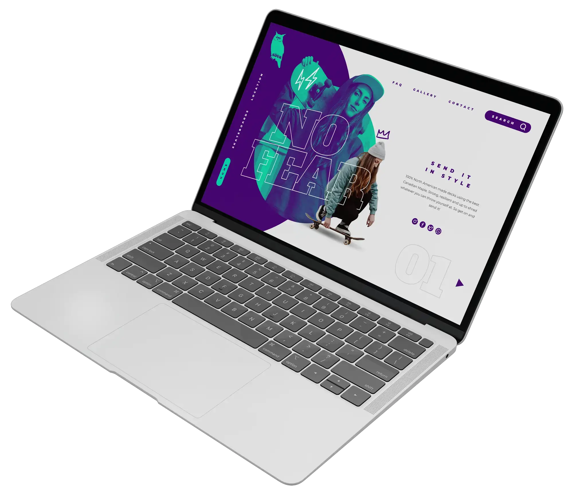 Skateboard company mockup presented on tilted and open macbook